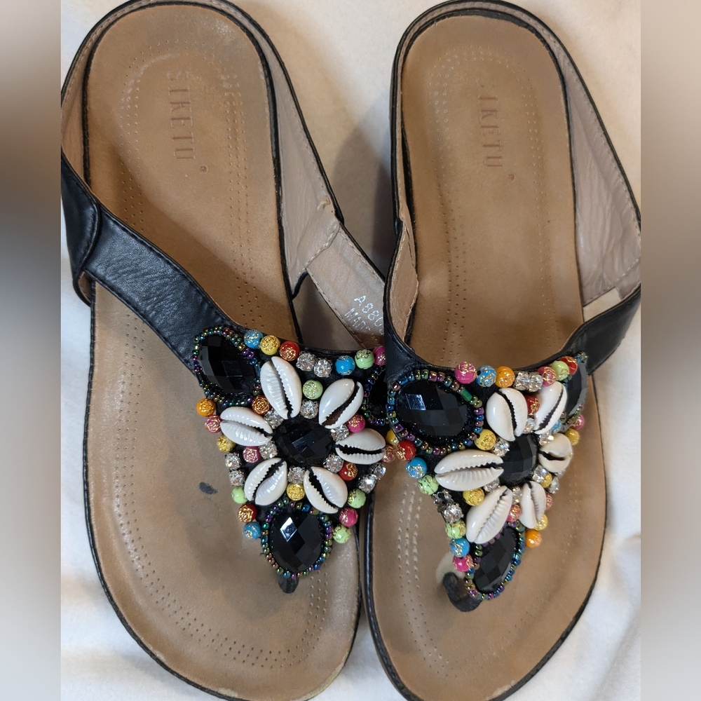 Siketu Summer Sandals Black Size 40 or 7.5 Beach Beads Boho Flip Flops